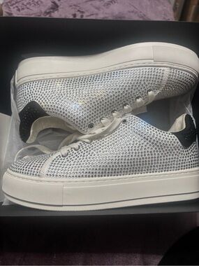 Kurt Geiger White Crystal-Embellished Platform Sneakers with Black Heel